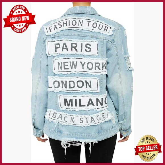 Women's Long Sleeve Denim Jacket with Letter Patchwork, Ripped Distressed Design